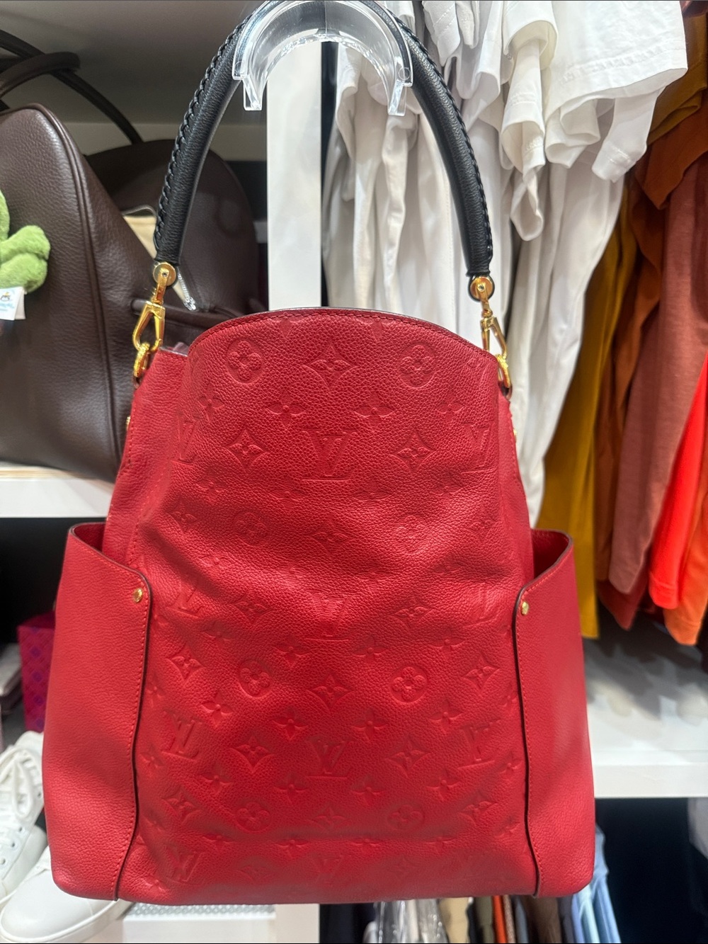Louis Vuitton Red Embossed Monogram Shoulder Bag with Black Handle